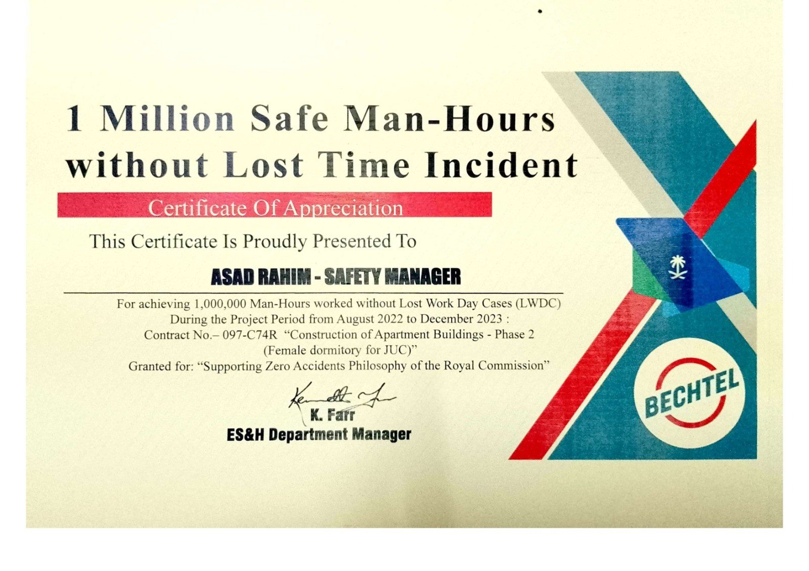 Certificate of Appreciation — 1 Million Safe Man-Hours without Lost Time Incident