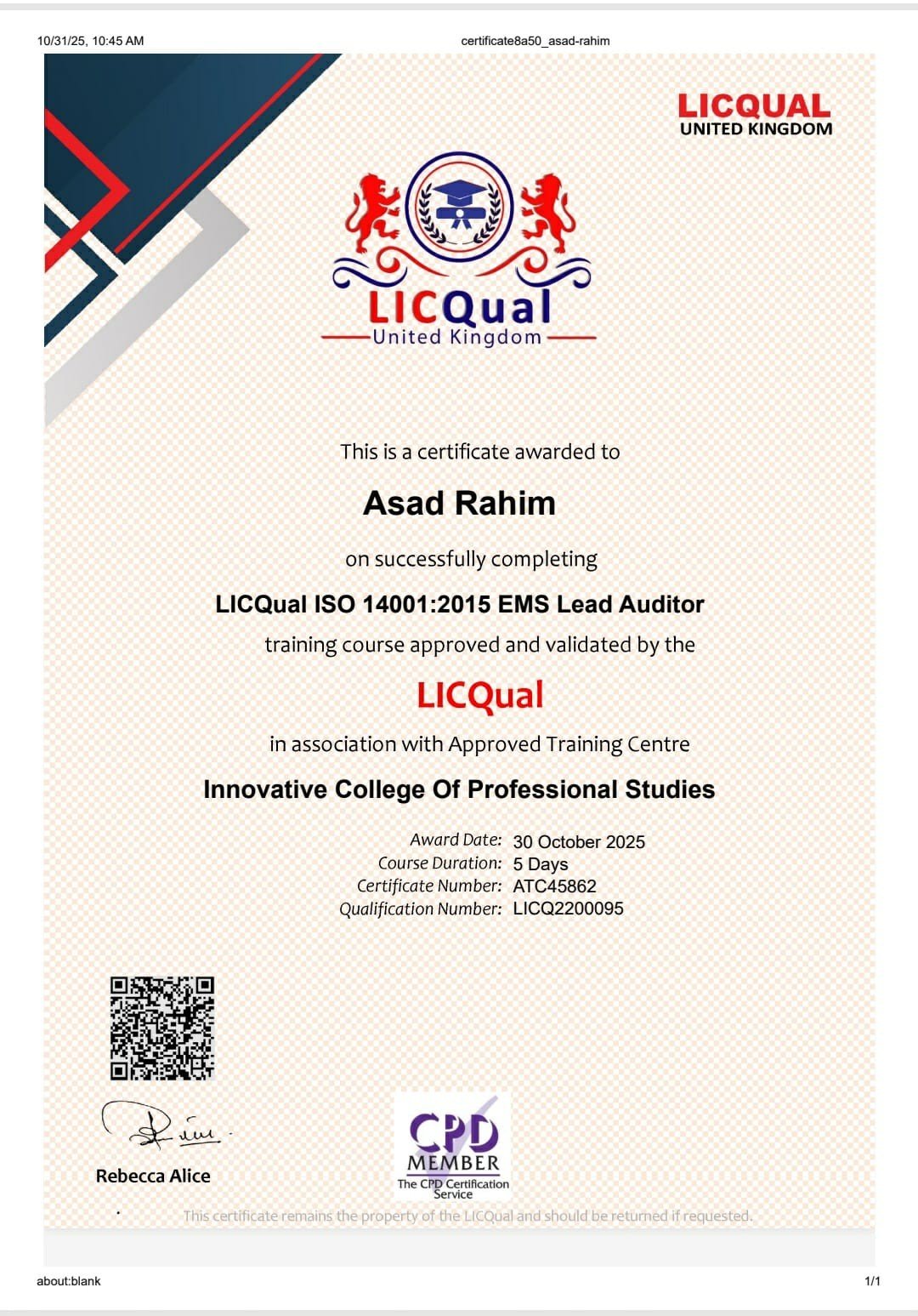ISO 14001 Lead Auditor Certificate
